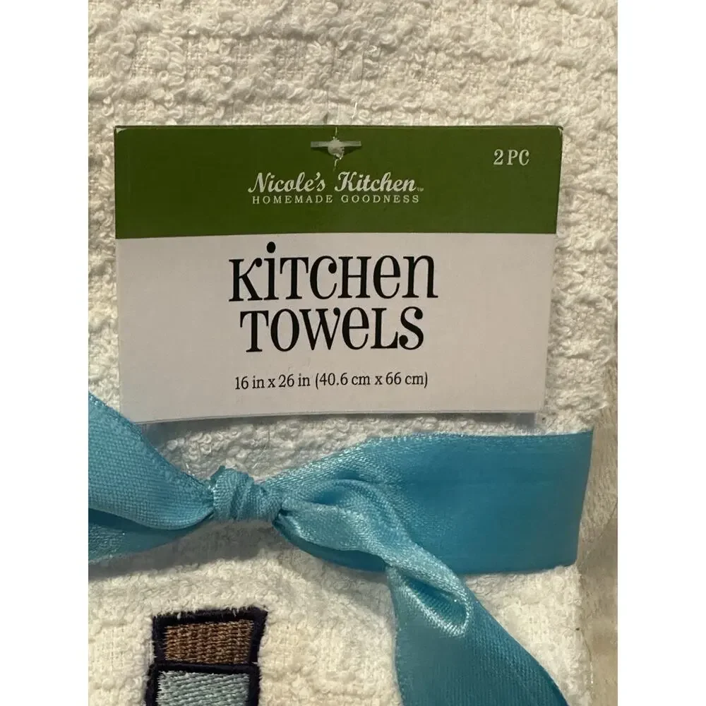 Nicole’s Kitchen Towels Waffle Texture Embroidered Lost At Sea Bottle White Blue